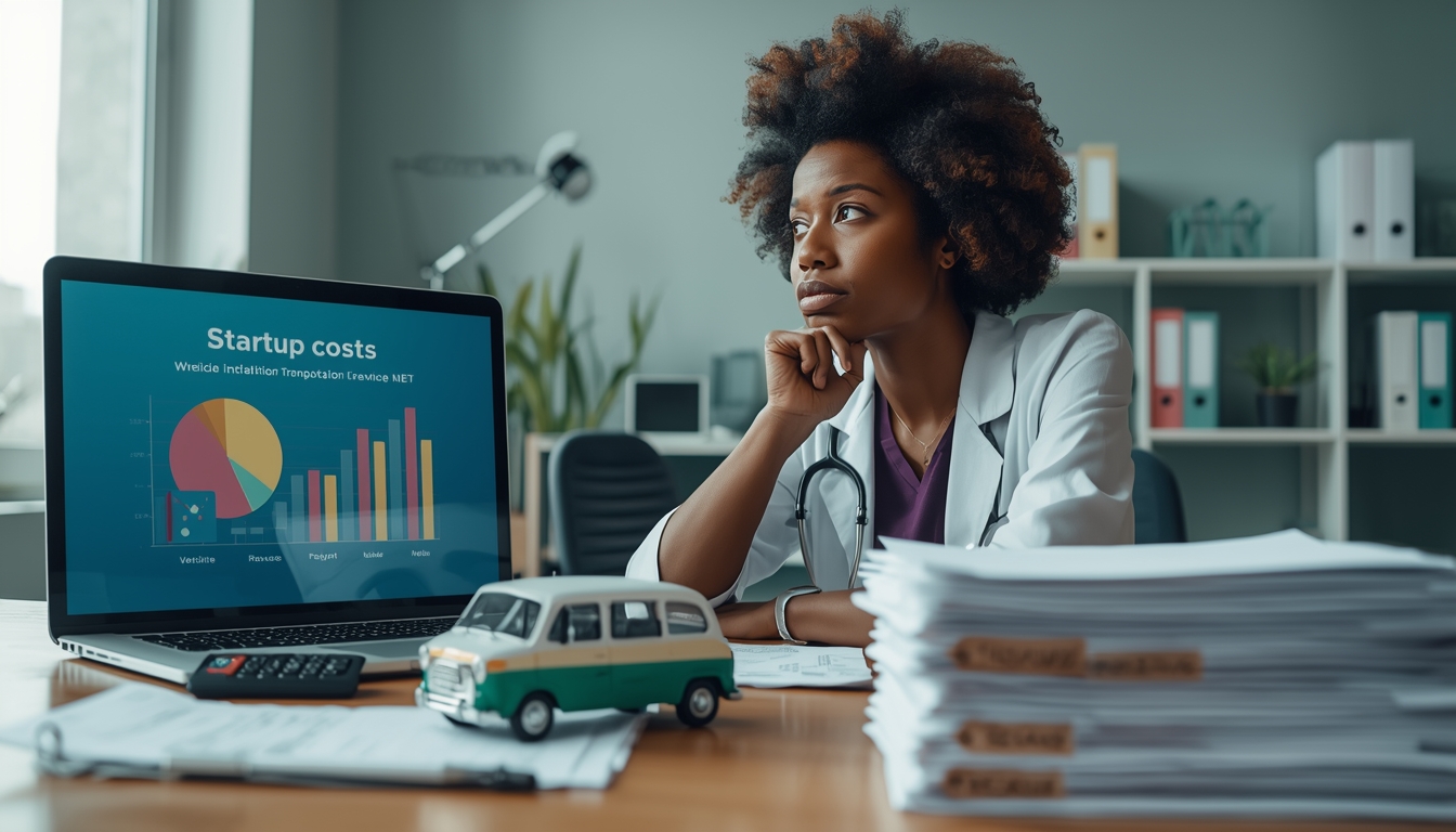 Healthcare worker sitting with a laptop, planning the startup costs of a healthcare transportation / NEMT business