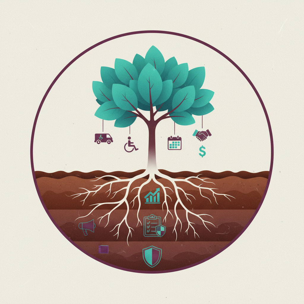 Illustration of a tree with deep roots symbolizing the 11-step framework for growing a healthcare transportation business, with icons for vans, schedules, money, branding, and compliance.