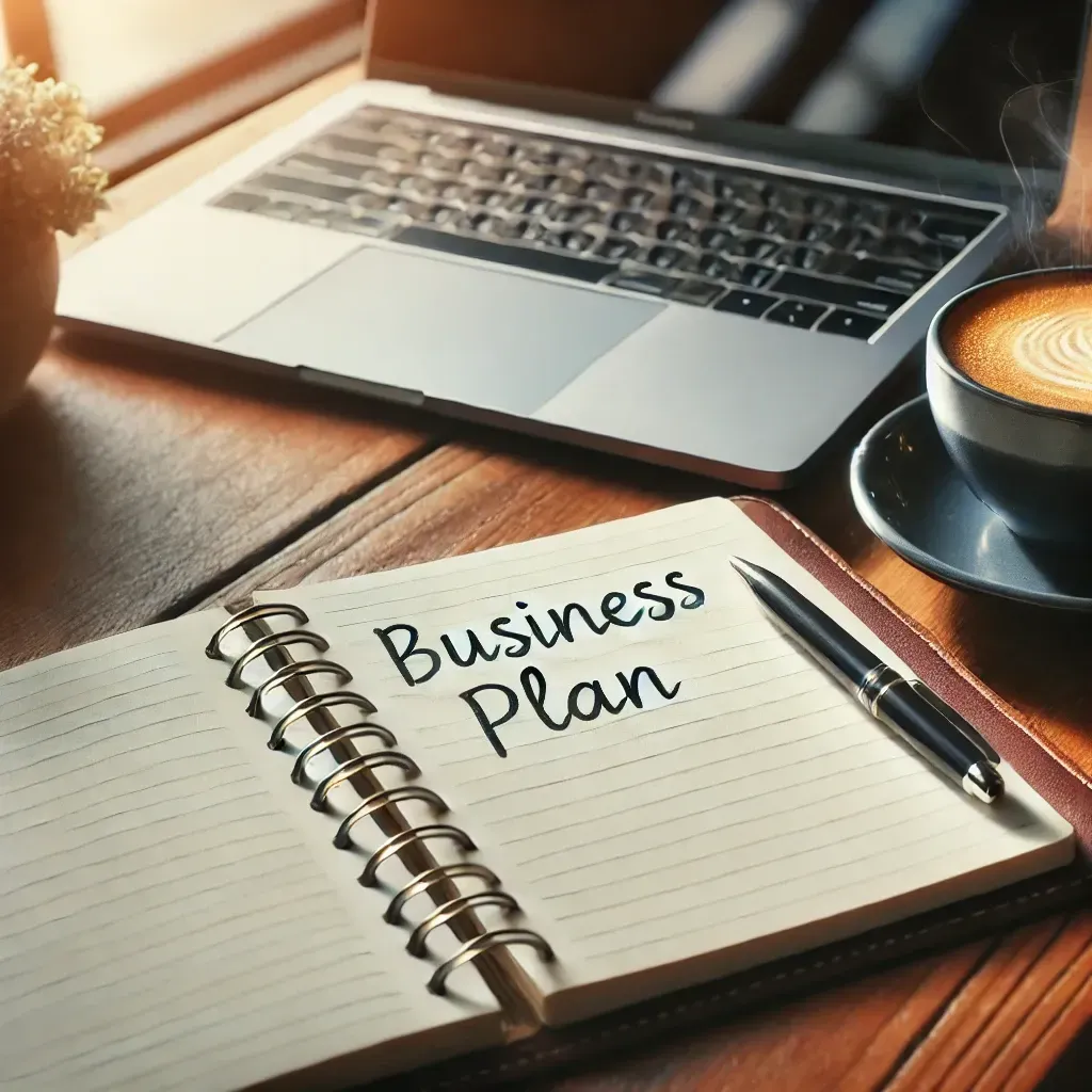 A cozy workspace featuring an open notebook with "Business Plan" written at the top, a steaming cup of coffee beside it, and a sleek laptop partially visible on a wooden table with soft natural lighting streaming i
