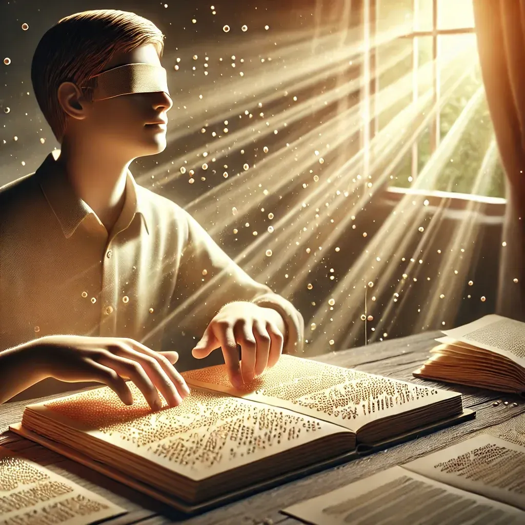 An empowering image of a blind individual reading a Braille book, their fingers gently gliding over the raised dots. Soft, warm light streams through a nearby window, symbolizing hope, independence, and gratitude during National Braille Month.