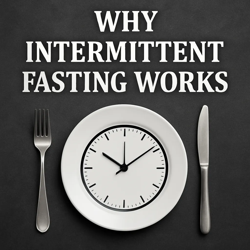 A dark, textured background with bold white text at the top reading ‘WHY INTERMITTENT FASTING WORKS.’ Below the text is a white dinner plate featuring a clock face, flanked by a fork on the left and a knife on the right, symbolizing structured eating windows associated with intermittent fasting.