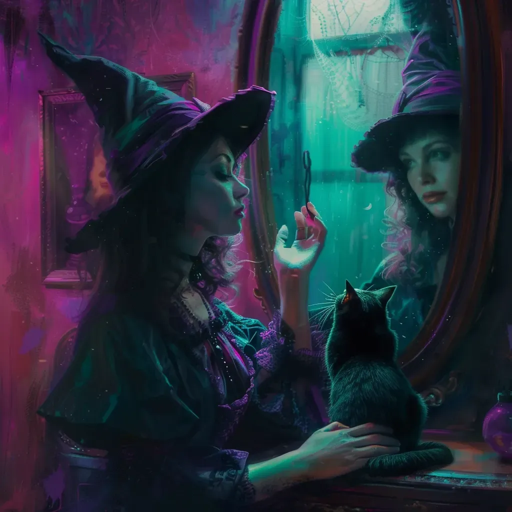 witch looking in the mirror as her life transforms