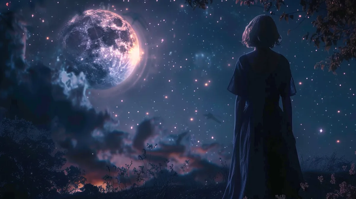 Woman looking at the full moon in the sky