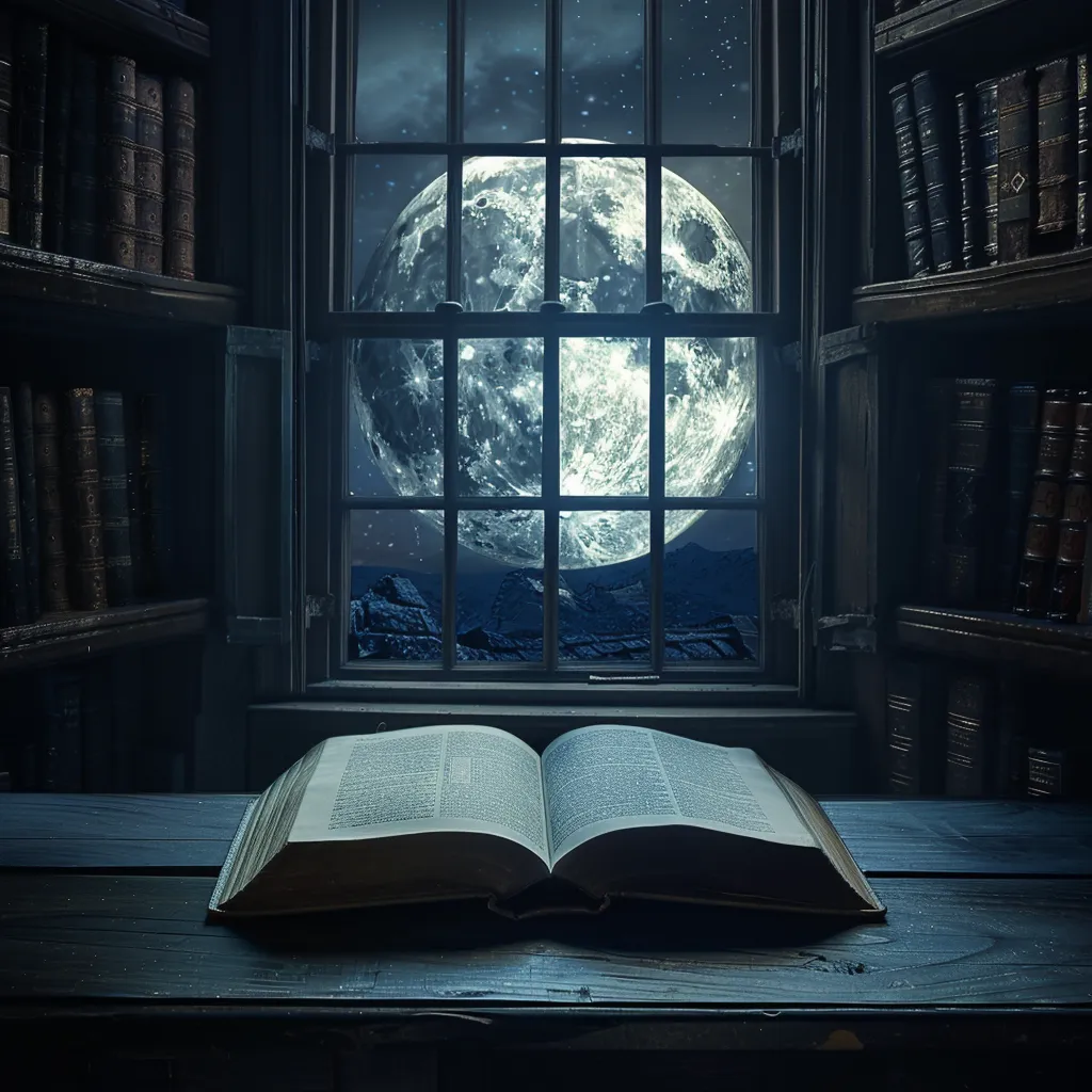 a book open in front of a window with the full moon framed in the window