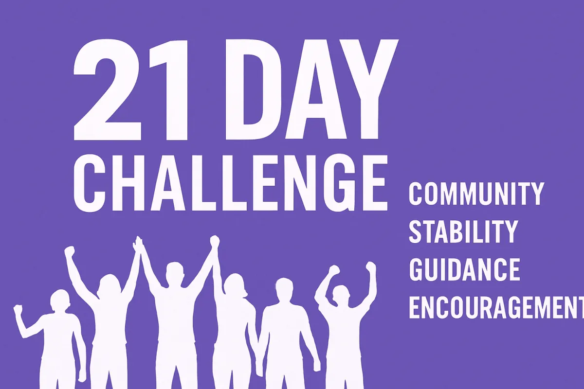 21 Day Fitness Challenge wrap-up graphic highlighting core brand values: community, stability, guidance, and encouragement. Empowering women through habit formation, transformation, and results-driven coaching from Dynamic Fitness Company.