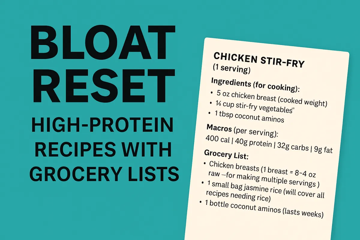 Promotional graphic for the Bloat Reset featuring high-protein recipes with grocery lists. Minimal teal background with bold black text and a recipe card for Chicken Stir-Fry showing ingredients, macros, and shopping tips.