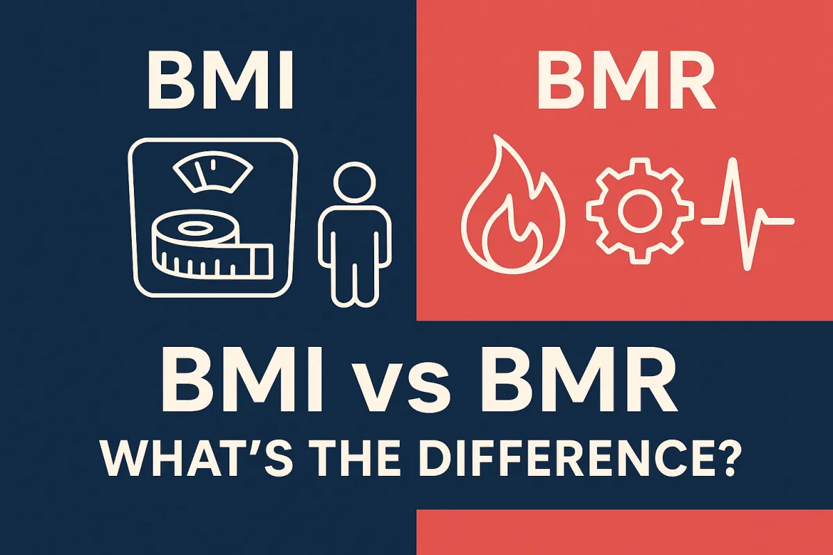 Infographic comparing BMI (Body Mass Index) and BMR (Basal Metabolic Rate) with icons for weight scale and metabolism, highlighting the difference between the two.”