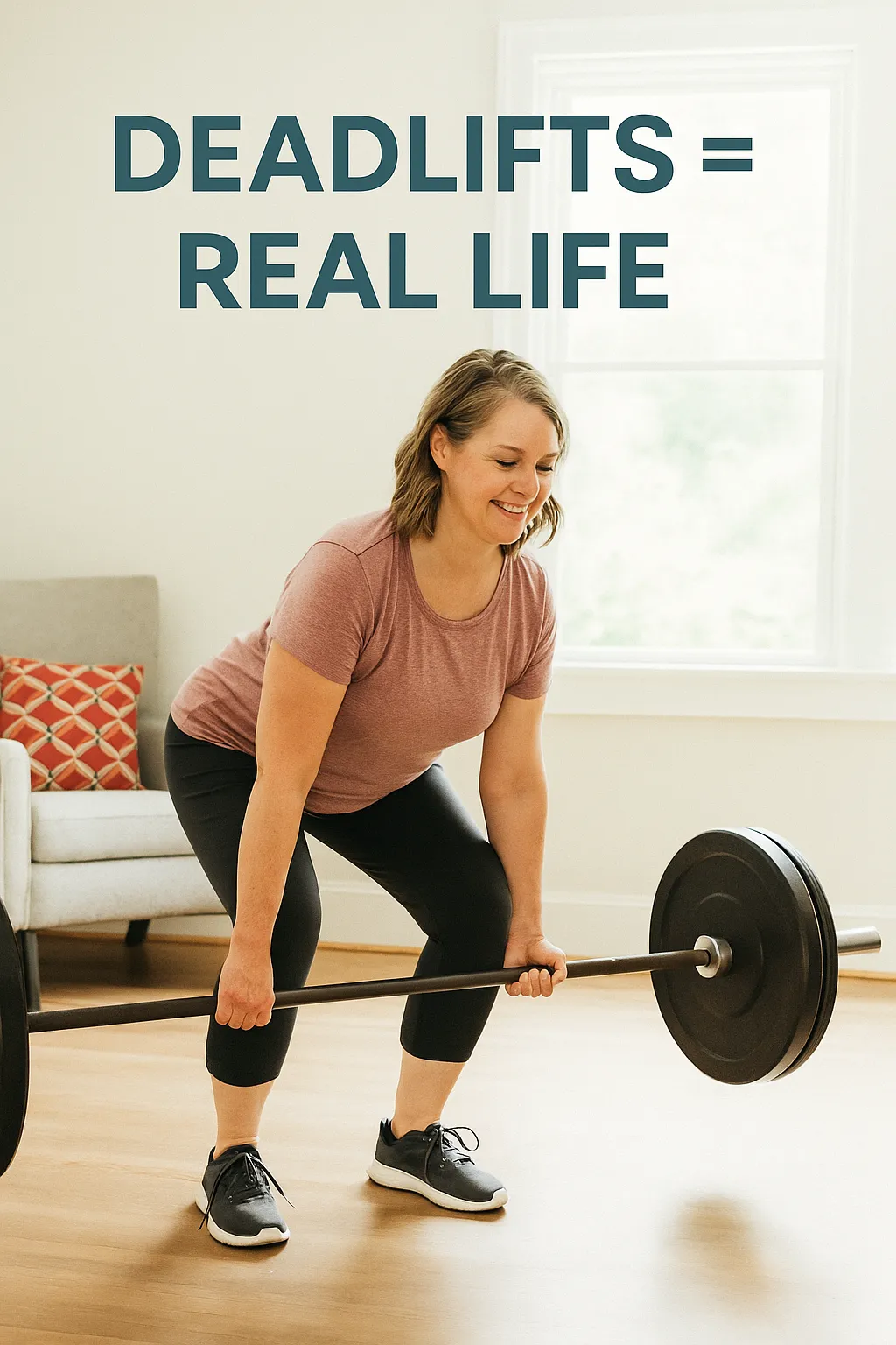 A smiling woman in her 40s performing a barbell deadlift in a bright home gym with the text “Deadlifts = Real Life” above her. The image represents functional strength, confidence, and longevity through resistance training for adults over 40.