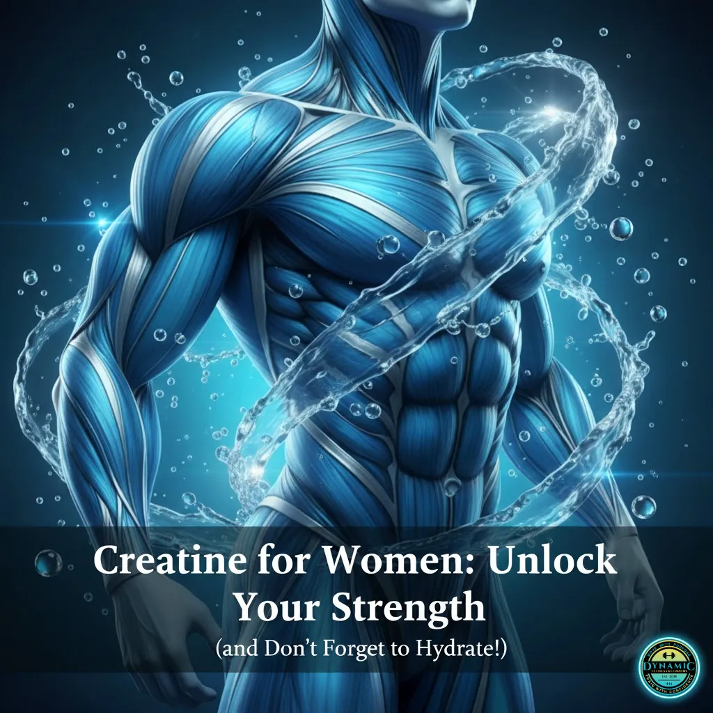 Precision training longevity: stylized graphic of muscular figure with water, representing creatine hydration and enhanced performance for women