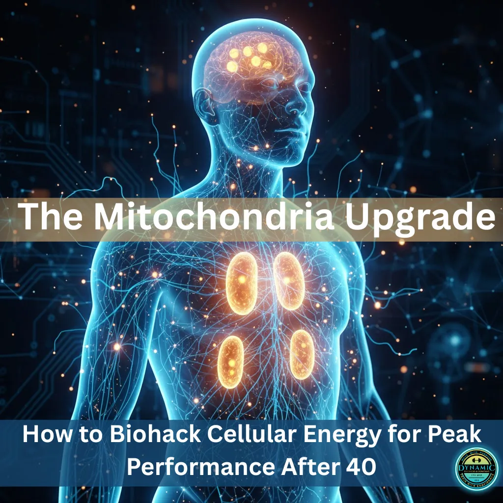 Digital illustration of a human body glowing with electric-blue neural and cellular energy lines, highlighting mitochondria in the brain and chest area. Text overlay reads “The Mitochondria Upgrade: How to Biohack Cellular Energy for Peak Performance After 40.” Represents longevity, biohacking, and optimized human performance. Dynamic Fitness & Company logo appears in the bottom right corner.