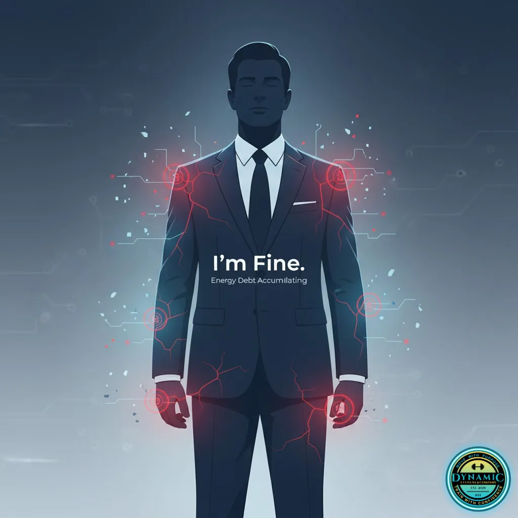 High-performing executive in a suit with subtle red warning signals beneath the surface and text ‘I’m Fine,’ illustrating hidden energy debt, early burnout, and metabolic overload in high achievers over 40.
