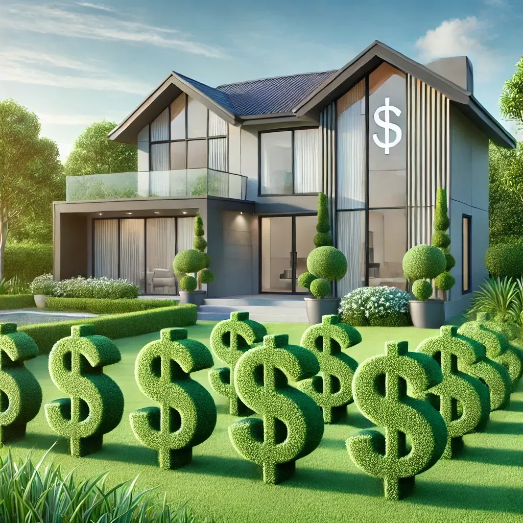 Modern home with lush landscaping, symbolizing financial growth and savings through mortgage refinancing.