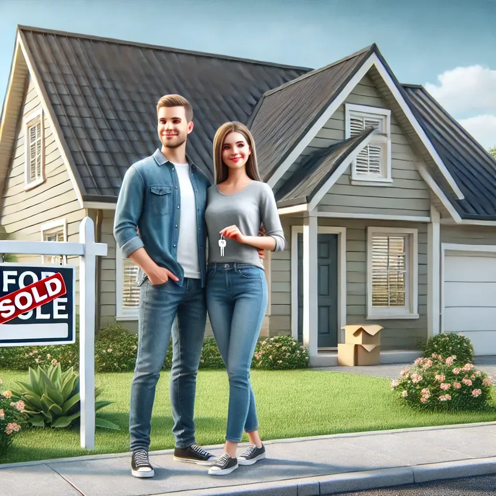 Young couple standing happily in front of their first home with a sold sign in the yard, symbolizing the joy and achievement of homeownership. The house is a cozy suburban-style property with fresh landscaping and a bright, clear sky in the background.