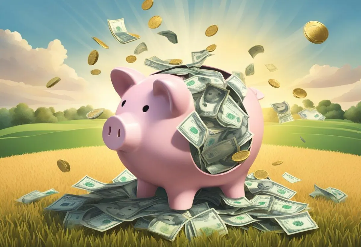 A pink piggy bank with money
