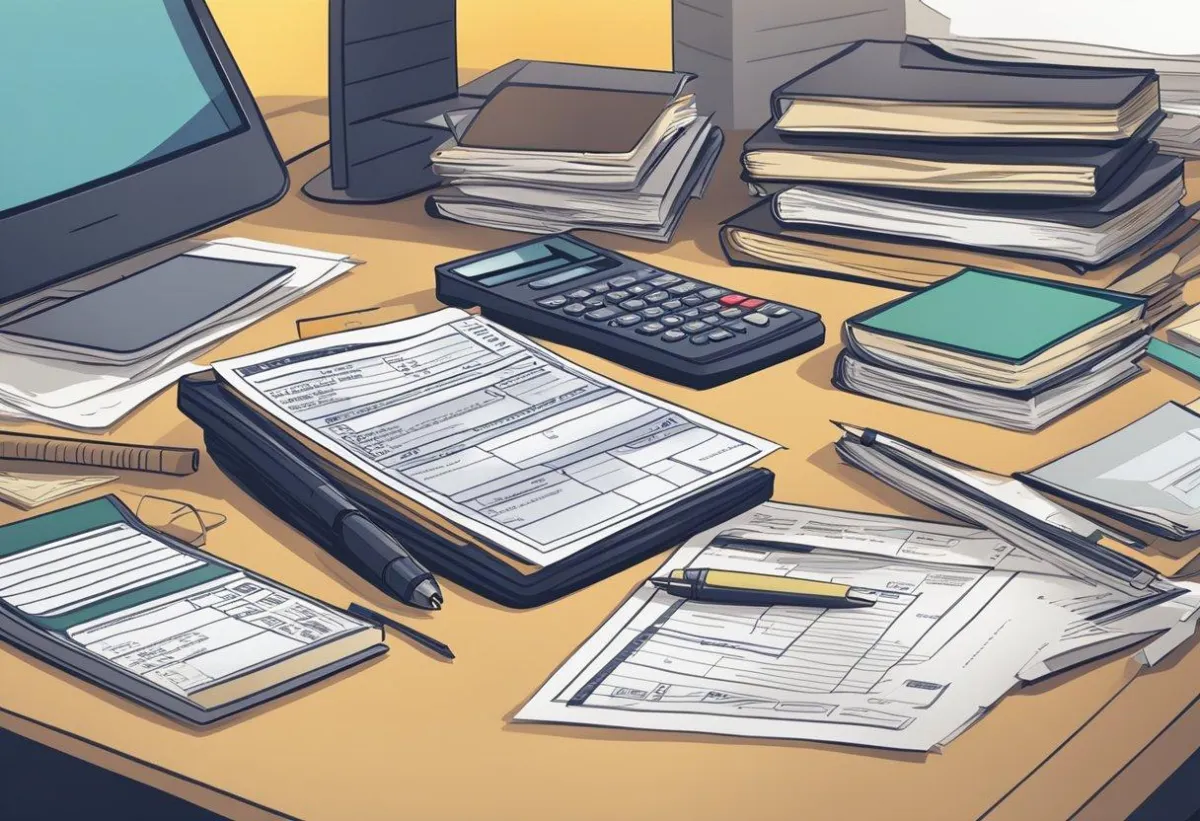 A table with paper and a calculator