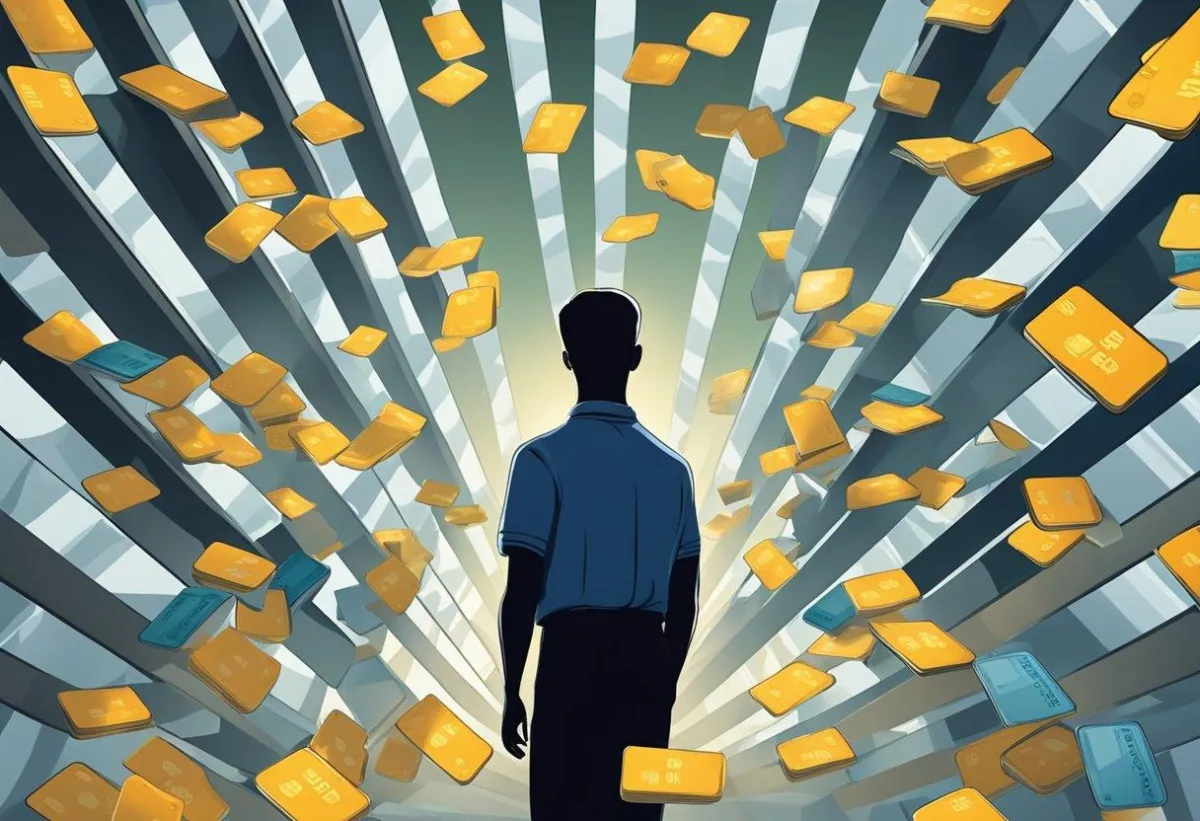 A man with floating yellow boxes