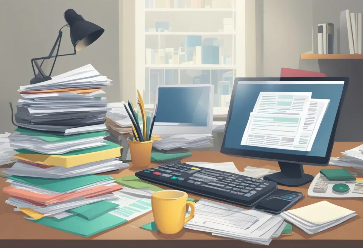 A computer table with a bunch of papers