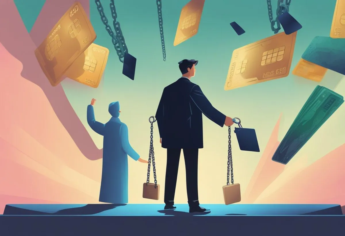 Two person and a floating credit cards