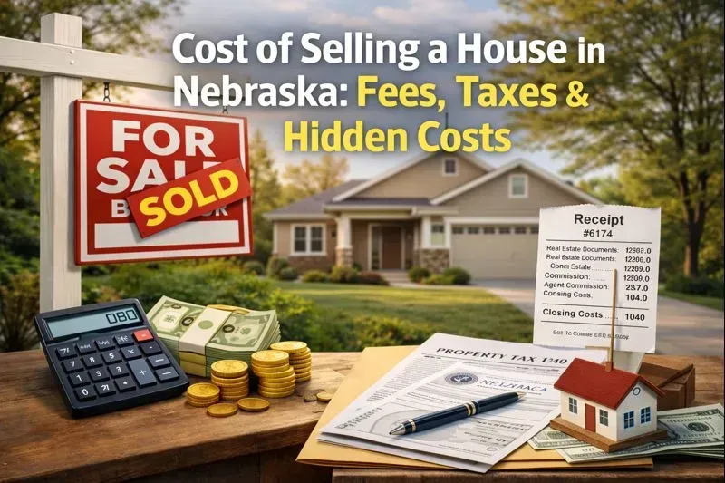 Cost of selling a house in Nebraska showing fees, taxes, and closing costs with a sold home sign