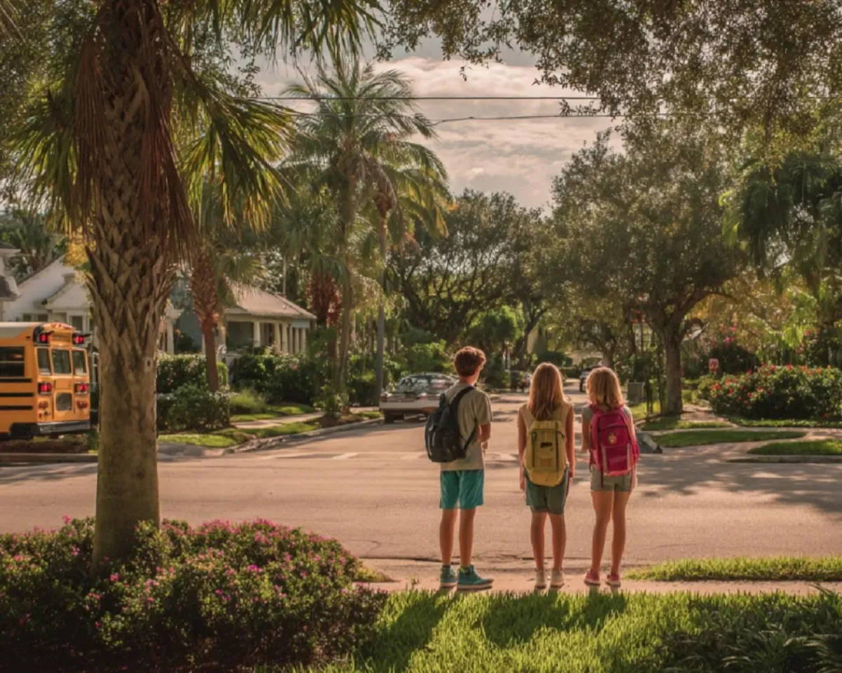 Three school-aged children wearing backpacks wait at a suburban Florida street corner, symbolizing school transitions and neighborhood changes.