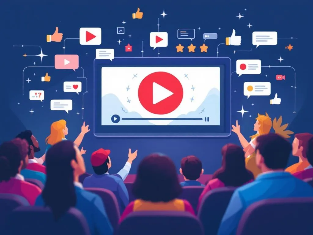 A vibrant and modern cover image featuring a video play button, a diverse audience watching a screen, and symbols of engagement like thumbs up and comments, symbolizing the concept of video marketing and audience engagement.