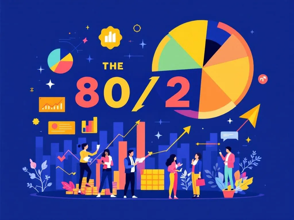 A vibrant and modern cover image featuring a pie chart showing the 80/20 distribution, business growth symbols like arrows and graphs, and a diverse group of business professionals analyzing data, symbolizing efficiency and success.