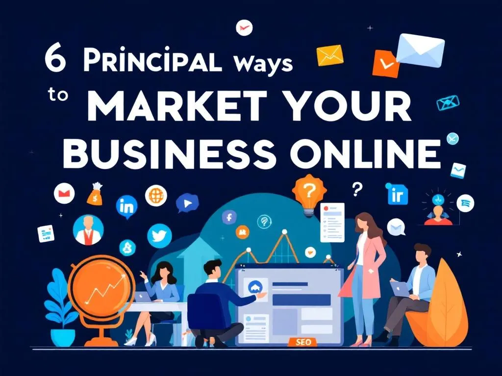 A vibrant and modern cover image featuring a laptop, digital marketing icons like social media, email, and SEO, and a diverse group of business professionals collaborating, symbolizing innovation and success.