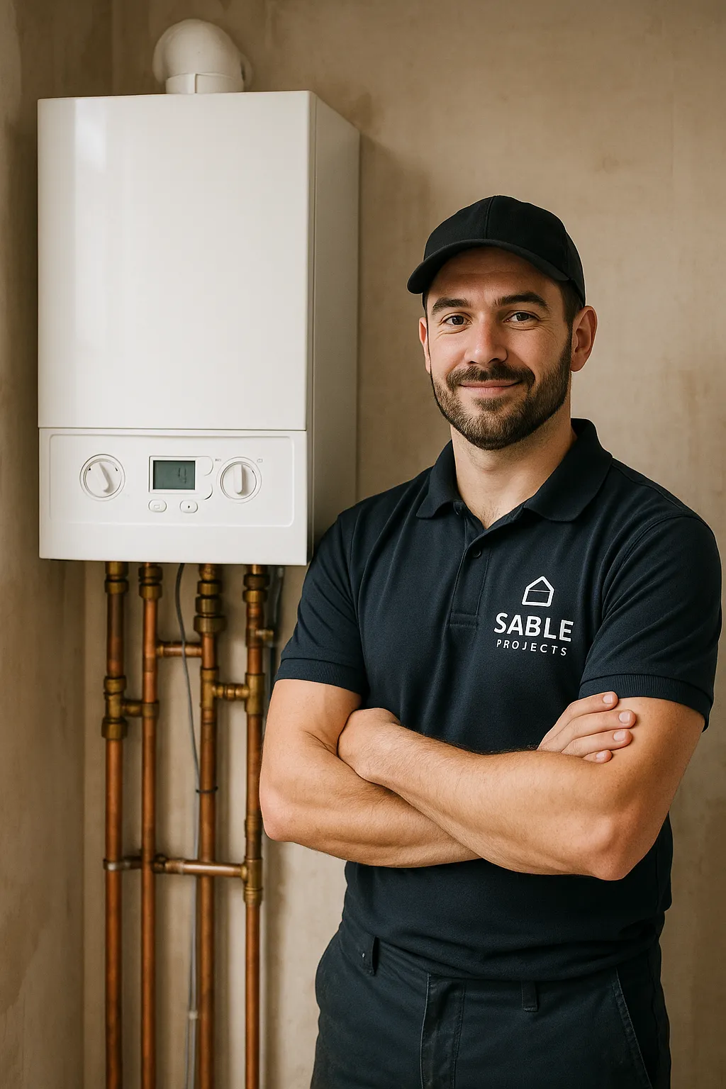 plumbing engineer finished an installation of a brand new boiler wearing the sable projects logo on their shirt. 