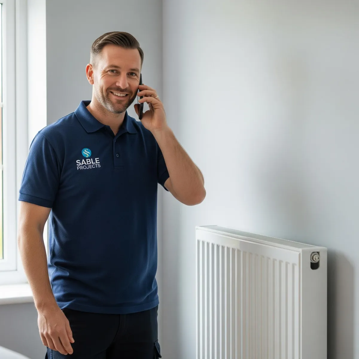 able Projects engineer providing client updates beside newly installed radiator