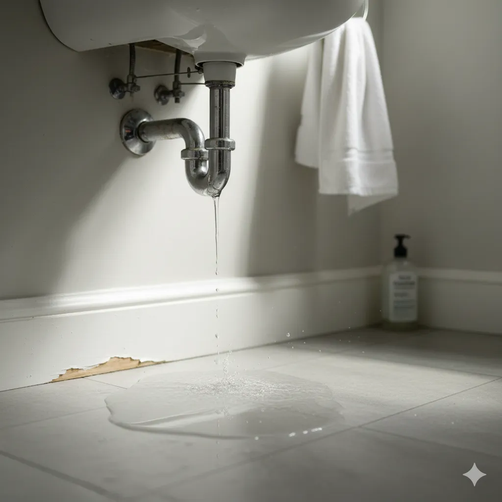 Water leaking under bathroom sink, puddle forming on floor