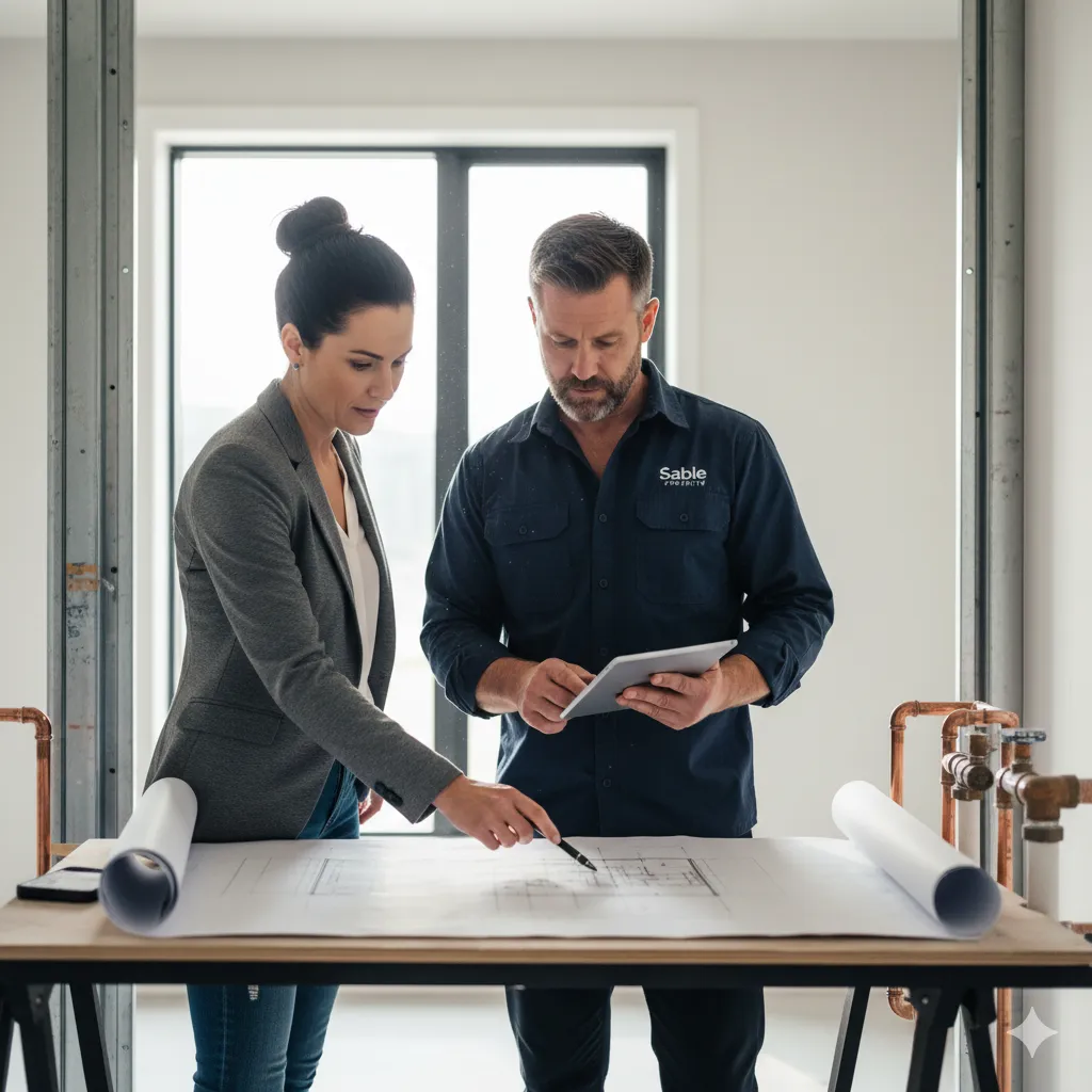 Architect and plumbing engineer reviewing plans