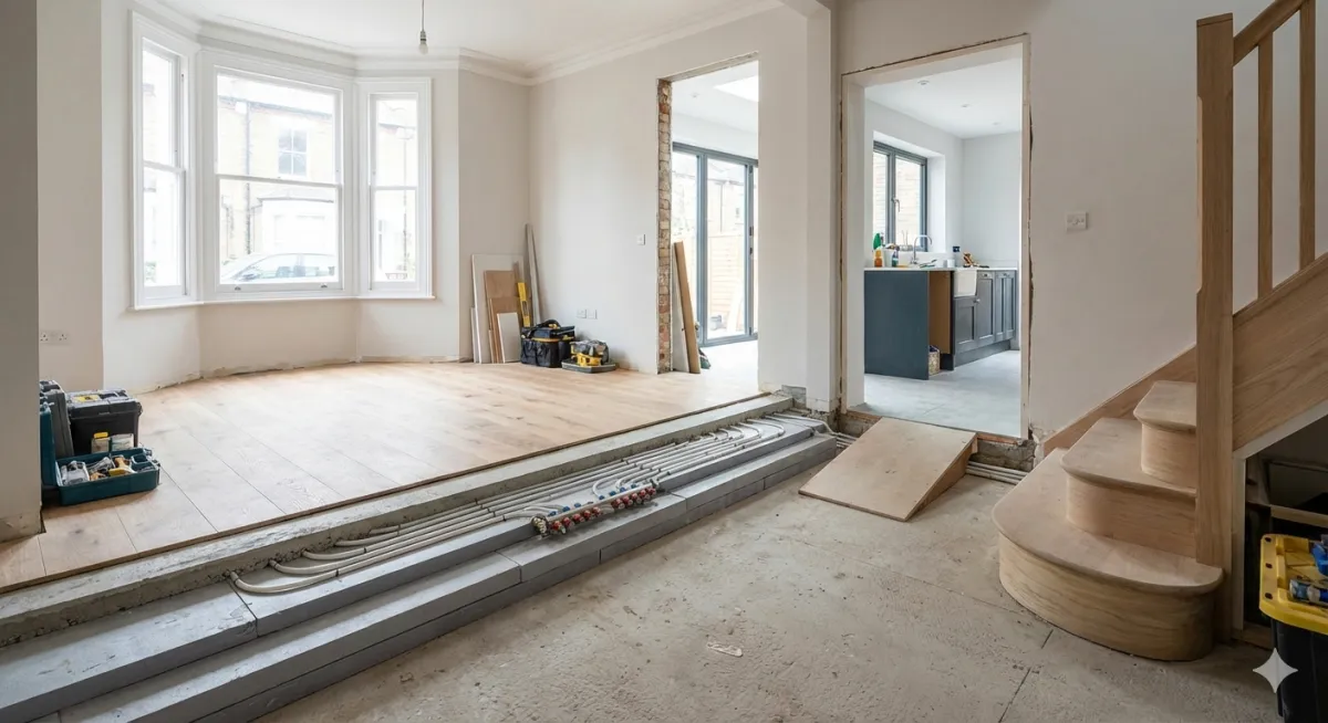 UK renovation showing floor build-ups and underfloor heating layers affecting thresholds and finished floor levels