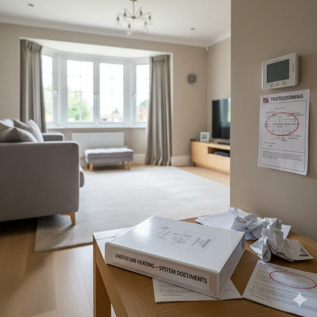 Finished UK home with underfloor heating paperwork showing confusion over responsibility when systems don’t perform