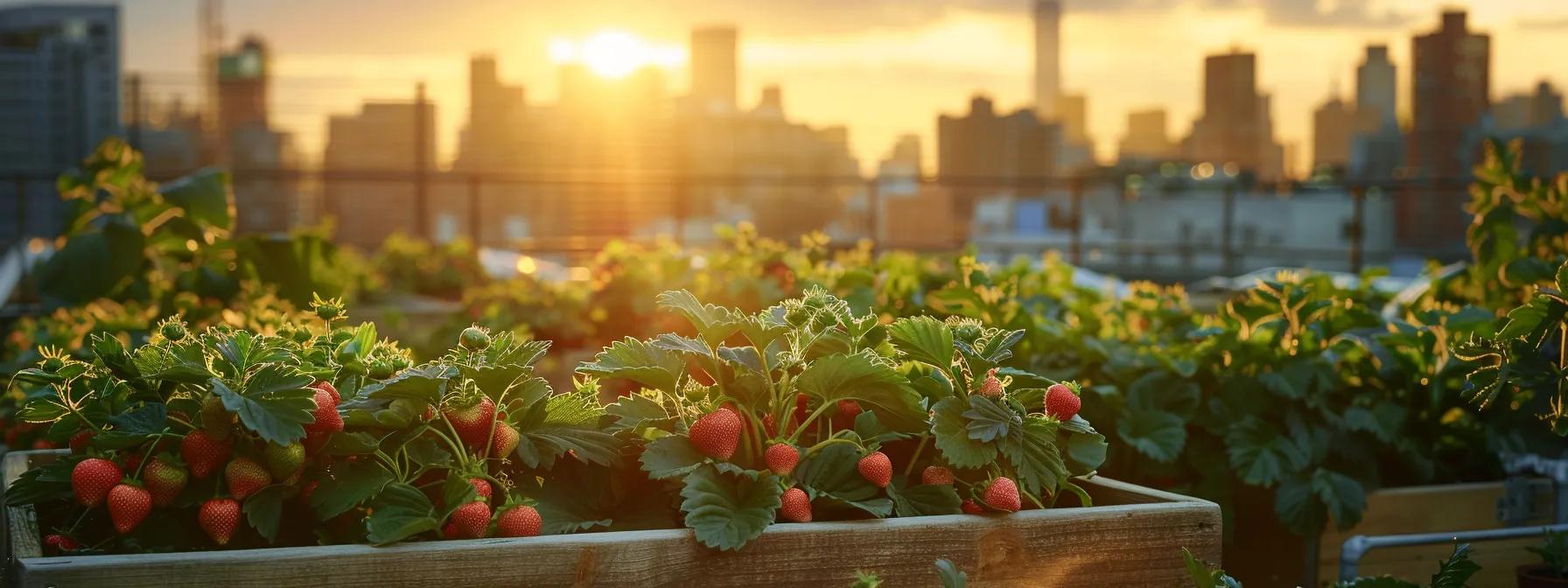 a vibrant urban rooftop garden showcases lush strawberry plants thriving in raised planters, bathed in the warm glow of golden hour light against a panoramic city skyline.