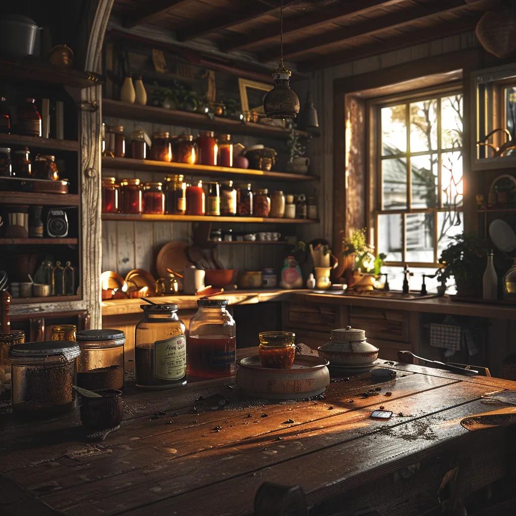 a cozy, rustic kitchen scene inside a grounded homestead, featuring a wooden table adorned with homemade preserves and earthy decor, illuminated by warm, ambient lighting that emphasizes a sense of comfort and self-sufficiency.