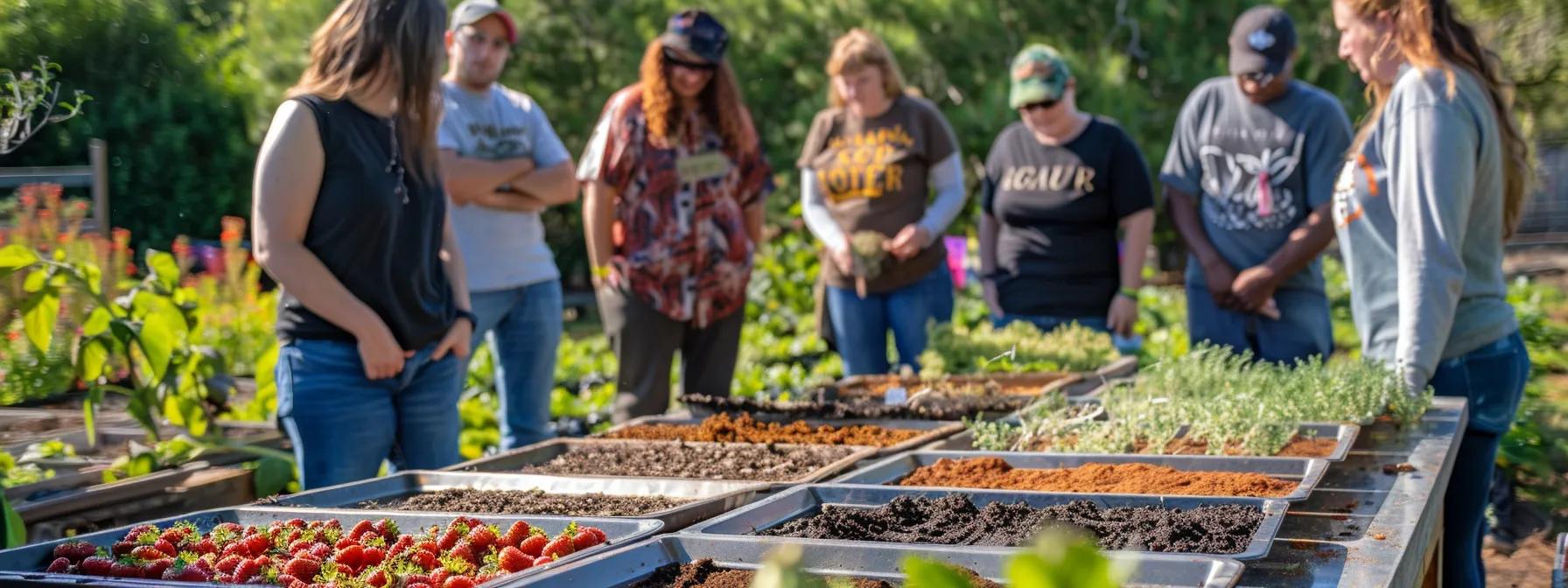 an inviting agricultural workshop setting features a knowledgeable expert engaging with attentive participants, surrounded by colorful samples of various mulch types laid out on a sleek table, capturing the essence of informed choices for enhancing strawberry beds.