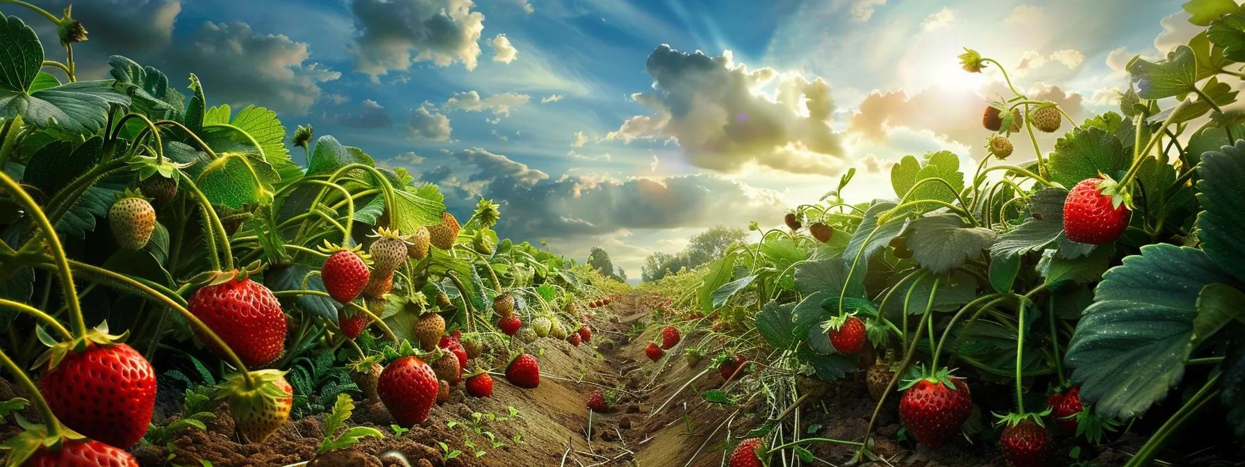 a strawberry field with the plants multiplying with their runners, a well lit day, a farmer looking on at his patch