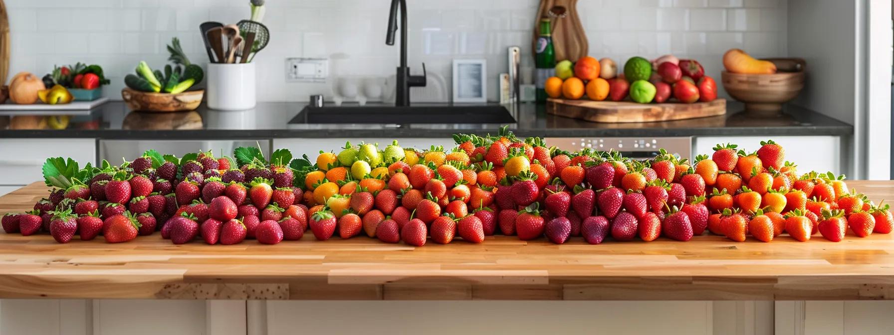 a vibrant display of assorted strawberry varieties meticulously arranged on a sleek wooden table in a modern kitchen, highlighting their rich colors and textures against a clean, minimalist backdrop.