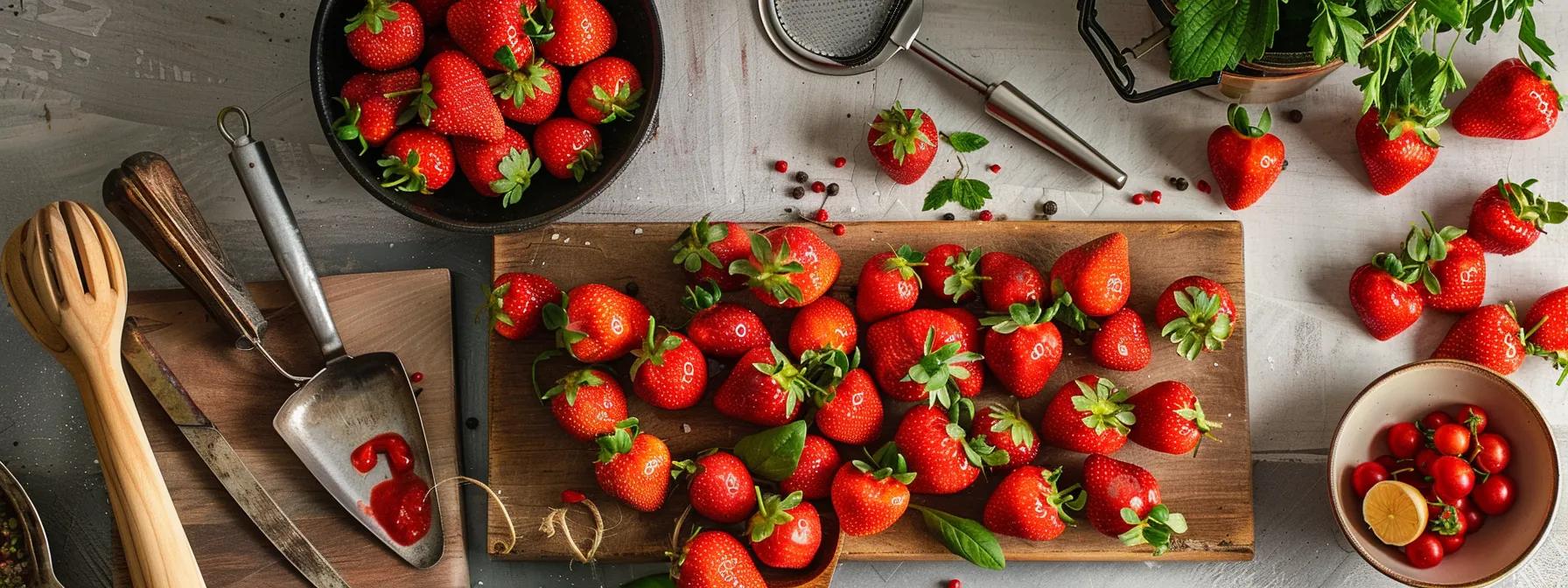 a vibrant kitchen countertop displays an assortment of fresh strawberries arranged artfully with various culinary tools and ingredients, highlighting their versatile use in dishes beyond traditional jam.