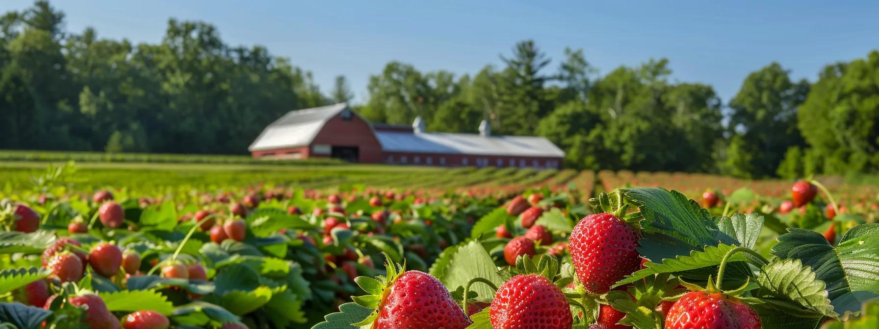 a vibrant strawberry field is set against a charming rustic barn, where families are joyfully picking ripe, plump strawberries under a clear blue sky, emphasizing the inviting atmosphere of a u-pick strawberry business.
