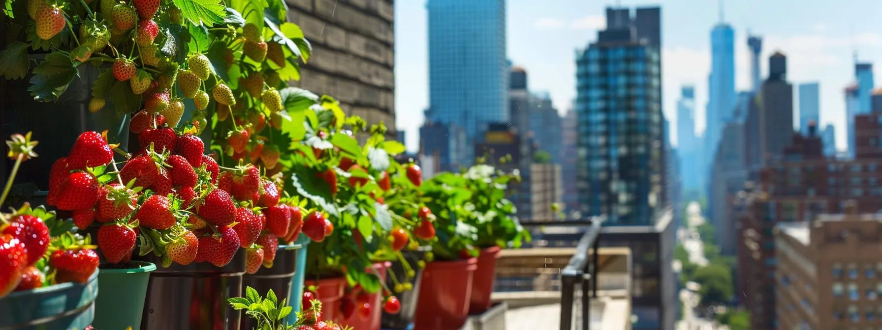 a vibrant urban balcony adorned with tiered vertical planters brimming with lush, ripe strawberries, showcasing innovative small-space gardening techniques against a backdrop of city skyscrapers and a clear blue sky.
