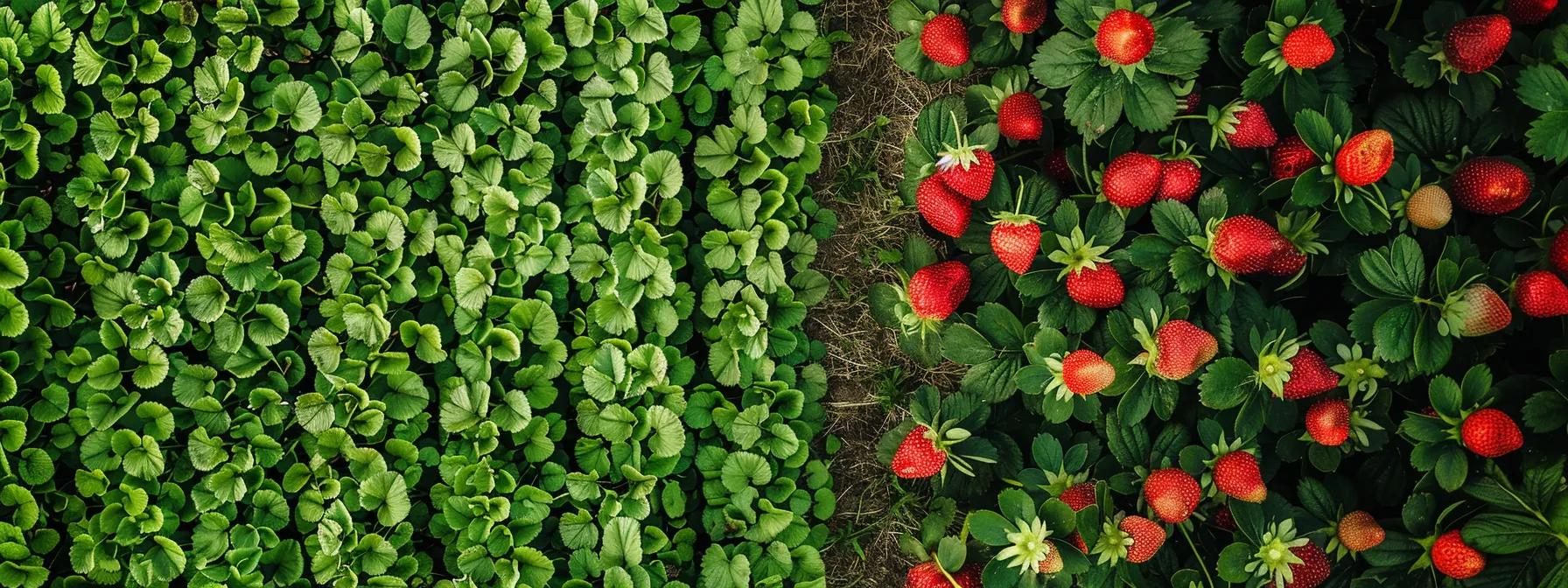 a field which displays a striking contrast between lush, vibrant wild strawberries and neatly arranged cultivated rows of strawberries, highlighting the differences in size, texture, and color.