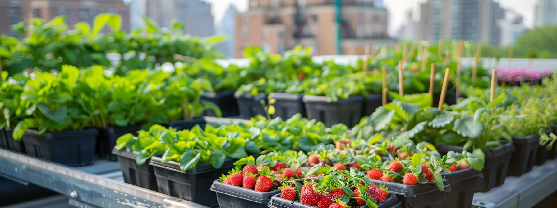 a vibrant urban rooftop garden bustling with containers of strawberries growing at various stages, showcasing a modern, thriving urban agriculture scene.