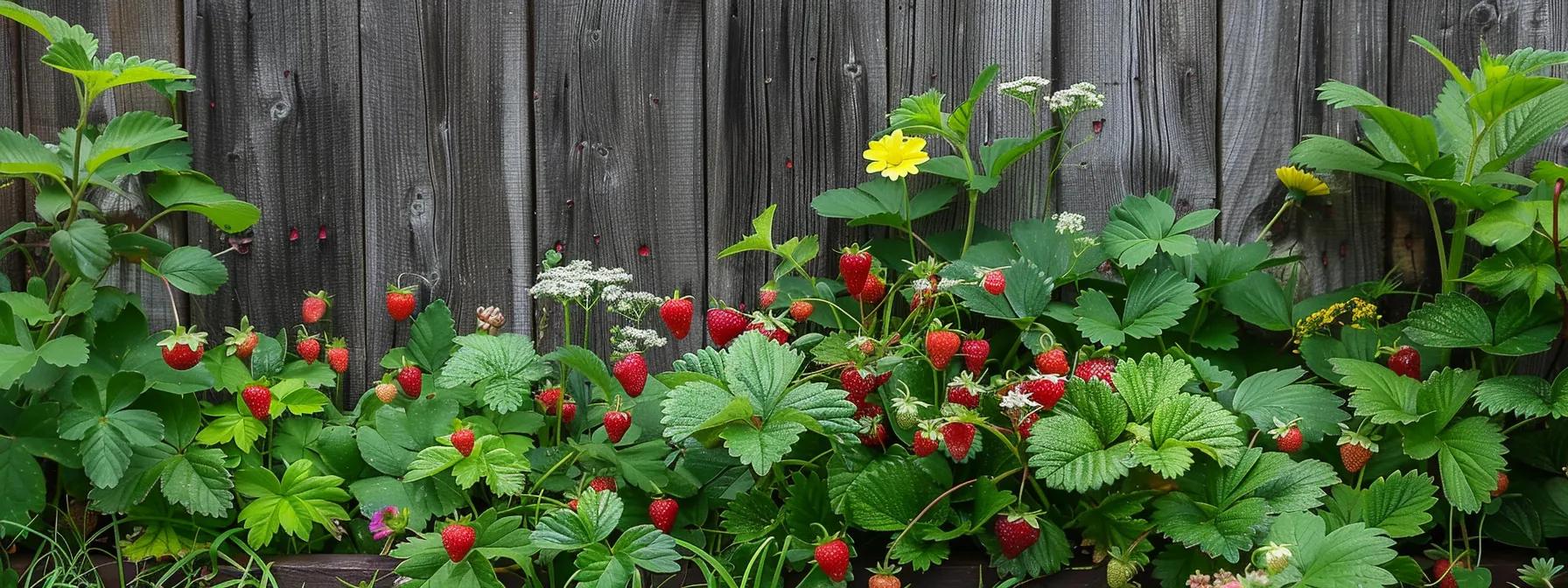 a vibrant permaculture garden filled with strawberry plants interspersed with a variety of companion plants, set against a rustic wooden fence, showcasing the harmony of sustainable gardening practices.