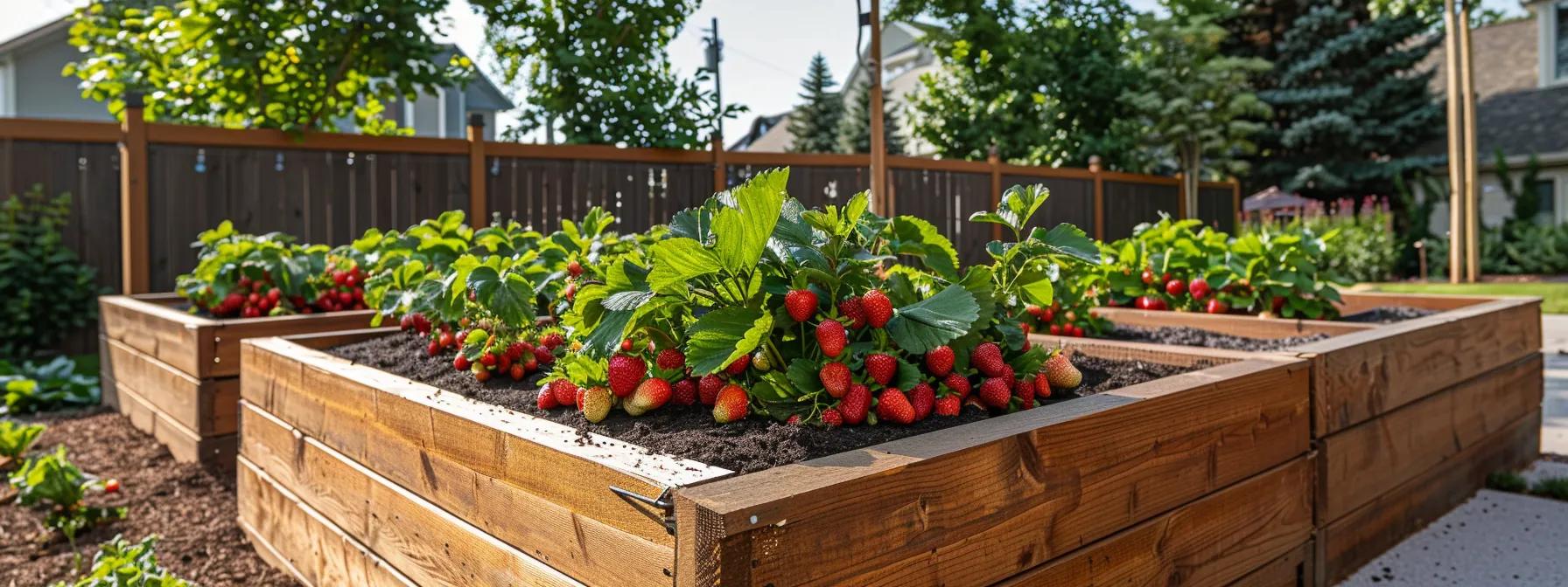 a suburban garden showcases a meticulously designed low-maintenance 4-bed strawberry system, with vibrant strawberries nestled in stylish wooden planters against the backdrop of the neighborhood.