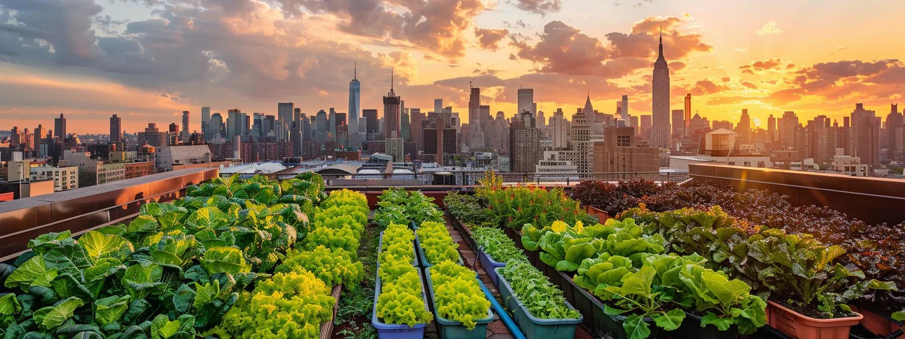 a vibrant rooftop garden filled with meticulously arranged lettuce varieties in planters, showcasing modern urban agriculture in an urban setting against a backdrop of a city skyline at sunset.