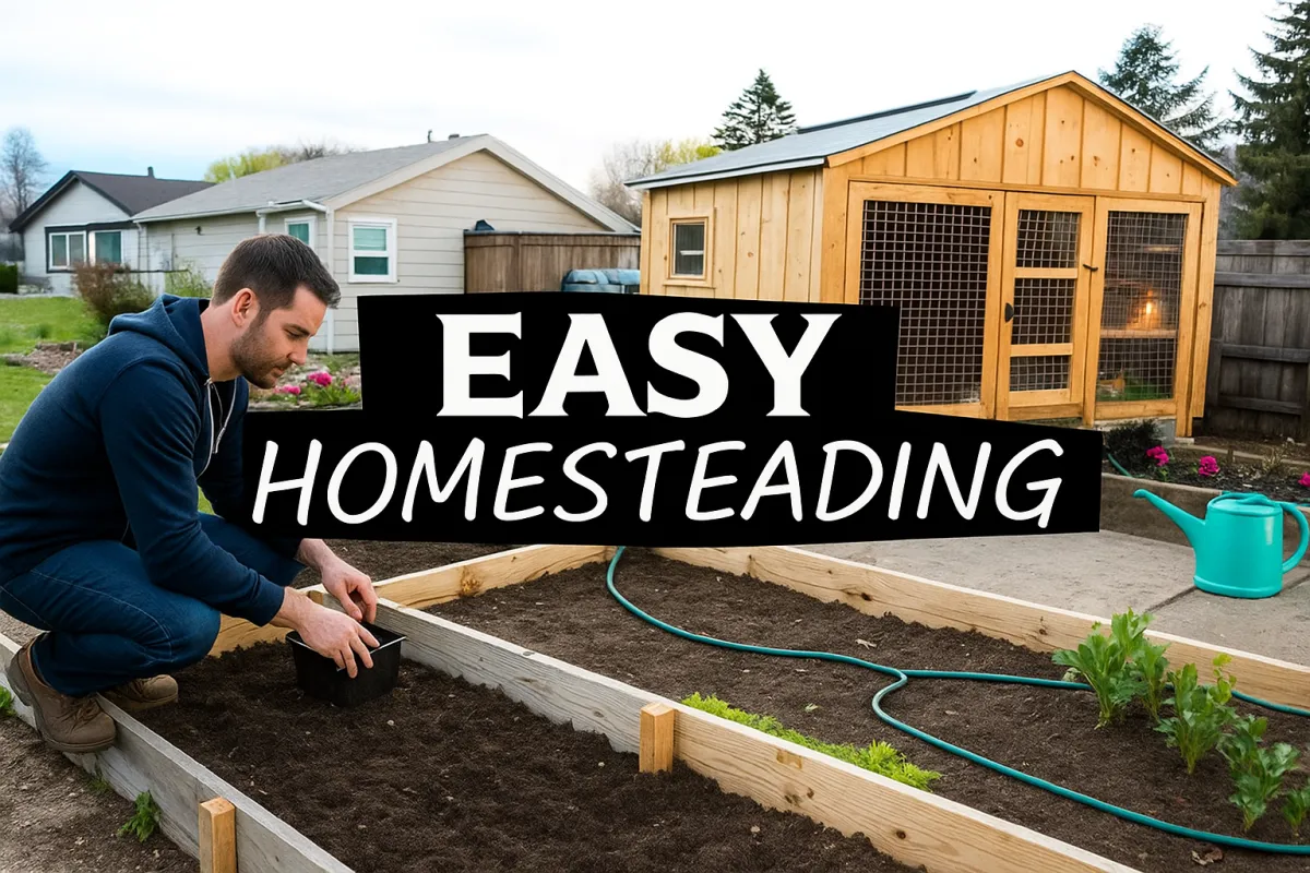 A man in a navy hoodie is kneeling beside a raised garden bed in a suburban backyard, preparing to plant. Behind him is a wooden chicken coop with warm interior lighting and a neatly fenced yard. A green watering can sits nearby on a paved walkway. Superimposed bold text reads "EASY HOMESTEADING." The scene is calm and well-kept, with early evening light casting a soft glow.