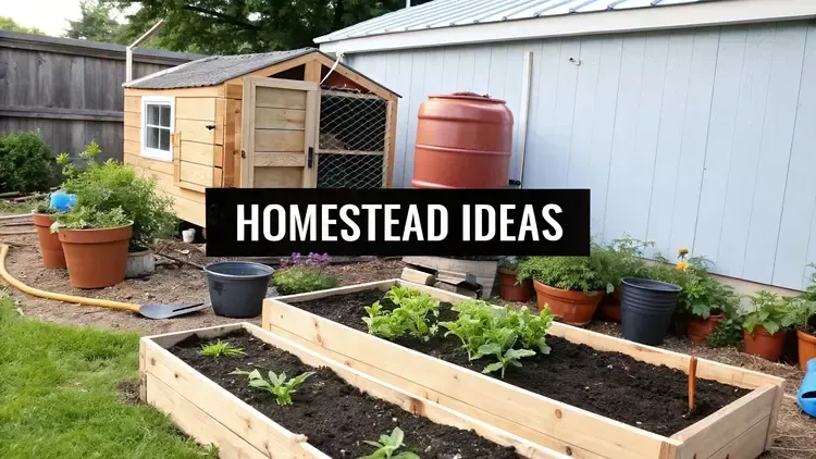 A backyard homestead setup featuring two raised garden beds with leafy greens growing, surrounded by potted plants. A wooden chicken coop sits nearby with a mesh door, and a large red rain barrel is attached to the side of a light blue shed. A garden hose is coiled on the lawn, and the scene is tidy and productive. Bold white text on a black rectangle reads “HOMESTEAD IDEAS” across the center of the image.