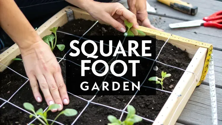 A close-up of hands planting young seedlings into a square foot garden bed filled with dark soil. The wooden raised bed is divided into equal sections with white string, creating a clear grid. Gardening tools, including scissors and a small hammer, lie nearby on a wooden deck. Bold white text over a black box reads “SQUARE FOOT GARDEN.”