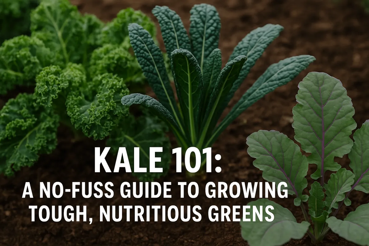 A close-up landscape image of three types of kale—curly kale on the left, dark green Lacinato (Dino) kale in the center, and purple-veined Red Russian kale on the right—growing in well-tilled garden soil. Overlaid in the bottom-left corner is white text that reads: "Kale 101: A No-Fuss Guide to Growing Tough, Nutritious Greens." The image highlights the texture and color contrast of the leaves, emphasizing healthy, vibrant growth.
